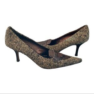 Bellofatto sz 8 tweed and snakeprint leather pointy toe heels
